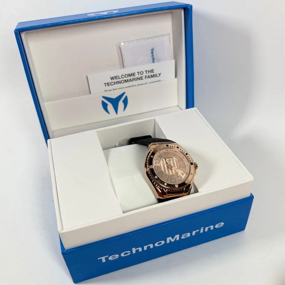 TechnoMarine Watch Lusso Mare Rose Gold TM-225049 GXP Black Silicone Watch New